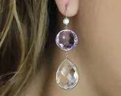 Amethyst and Crystal Quartz Drop Earrings | 14K White Gold
