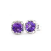 Amethyst Stud Earrings Cushion Cut With Diamonds In A Halo  14 Karat Gold