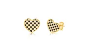 Black White Heart Checkered Yellow Gold Plated Girl's Stud Earrings
