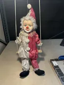 Decorative Clown Marionette Doll on Wooden Swing Pink White Moon Star Costume