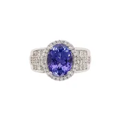 18K White Gold 2.95 Carat Oval Tanzanite and Diamond Halo Ring