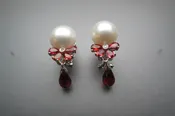 14 Karat  White Gold Earrings With 2= Cultured Pearls, 1.10Tw Various Shapes Orangy Red Sapphires And .02 Twt Diamonds