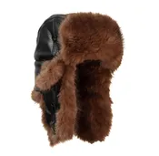 Mad Bomber Black faux Leather Bomber Hat w/brown faux fur