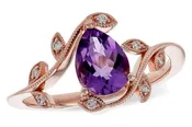 14k Rose Gold Pear Amethyst Nature Inspired 8 Diamond Leaf Ring