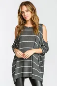 Cold Shoulder Round Neck 3/4 Sleeve Top Charcoal