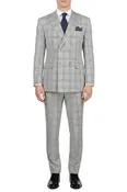 (38R, 40R, 46L, 48R, 52L) Regular Fit Light Gray Glen Plaid Double Breasted 2-Piece Suit