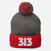 313 Embroidered Pom-Pom Beanie - Red / Gray / White