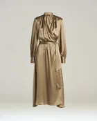 BEIGE GEOMETRIC-PATTERN SILK MIDI DRESS WITH BELT