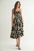 Black Floral Sleeveless Midi Dress w/ Tie