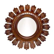 DecorShore 24" Handcrafted Wood Wall Mirror, Traditional Home Decor Solid Wooden Sun Shape Framed Mirror In Brown