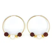 14k Gold Filled Hoop Earrings with 9mm White Edison Pearls and Monkeypod Wood Beads