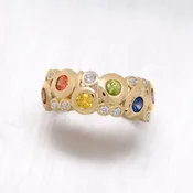 "Concentric" Round Brilliant Cut Bezel Multi-Colored Sapphires and Diamonds in 14K Yellow Gold Ring