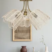 11.5"H Gold-Colored Metal Ceiling Light with Rattan Shades