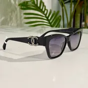 Chanel Black Leather Wrapped Square Cat Eye Sunglasses