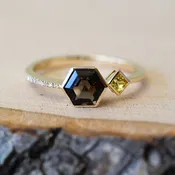 Geometric smokey quartz, yellow sapphire and diamond 14K ring