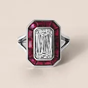 Ashoka-Cut Diamond and Ruby Halo Ring