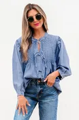 Denim Front Pintuck Bow Tie Puff Sleeve Top