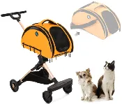 ♻️ HPZ™ BINGO Airline-Approved Carrier Bag & Stroller Combo Travel System for Small Dogs, Cats and Pets (Sunrise orange bag)
