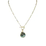 Abalone Disk And Pearl Necklace With Front Toggle Closure on Gold