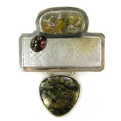 10123 Antique Game Piece Mother of Pearl, Rutilated Quartz, Apache Gold, Garnet, Sterling Silver Pin and Pendant