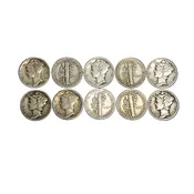 10 Random 90% Silver Mercury Dimes, $1.00 Face Value