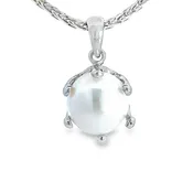 12mm Round Freshwater Pearl Prong Basket Pendant in Sterling Silver Rhodium - 20mm Long