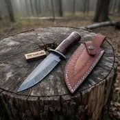 10 Inch Hand Forged Feather Damascus Steel Bowie Knife with Rosewood Handle and Leather Sheath