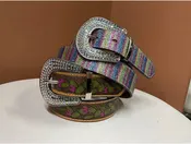 Angel Ranch Girls' Reversible Cactus Stripe Leather Belt