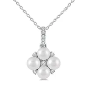 10Kt White Gold 3mm Floral Cultured Pearl Pendant with .08Cttw Natural Diamonds on an 18" Chain
