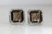 14k WHITE GOLD LADIES DIAMOND EARRINGS & SMOKY TOPAZ SQUARE SHAPE