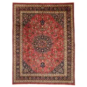 10'0" x 13'0" RED AND NAVY MASHAD ANTIQUE PERSIAN RUG