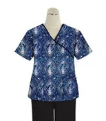 Blue with Pink Classical Print Scrub Set Mock Wrap With Black Piping 5 Pocket Half Sleeves (Top 3 Pockets With Bottom 2 Pockets Boot cut)