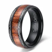 Black Tungsten Koa Wood Ring with Tribal Edge Design | 8mm