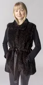 Black and Brown dyed Rex Rabbit “Popcorn” Design 28″ Vest with Brown Leather Tie Belt – size 10