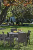 Alfresco Home Cornwall Woven Wood Set With Malvern 40 inch Square Wood Dining Table with Umbrella Hole and 4 Armless Dining Chairs with Sunbrella Cast Shale Cushions