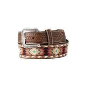 3-D Men's Brown Basket Weave Tooled Belt with Multi Colored Southwest Embroidered Inlay