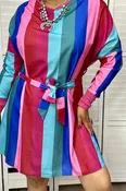 BQ6972  Multi-color striped long sleeve women dress w/waist band  HS3