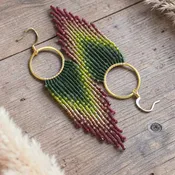 Beaded fringe hoop earrings, green to to brown