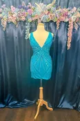 ASHLEYlauren 4723 V-Neck Cocktail Dress | Stone Embellished Fitted Homecoming Mini — Something Blue