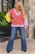 100 CP {Colorful Chic} Red Multi Color Block Sweater