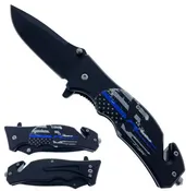 8" Overall Semi Automatic Pocket Knife W/ Glass Breaker Blue Skull