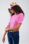 3/4 sleeves fuchsia knit sweater with zig zag stripes details