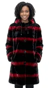 Black and Red dyed Sheared 38” Sculpted Mink Sections Hood Parka; Reverse to Taffeta Silk – size 12-14