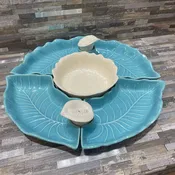 7pc Vintage California Pottery Serving Set ACCESSORIES Turquoise 16Wx3H gross measurement