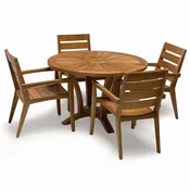5 Pc Teak Outdoor Round Dining Set – Helios Table & Olga Stacking Chairs | Seats 4–5
