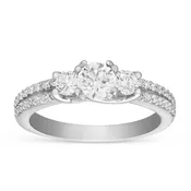 White Gold 3 Stone Diamond Engagement Ring with 2 Row Shank and Ornamental Prong, 0.78 ct, Size 6.5