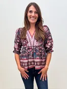 3/4 PUFF SLEEVE BORDER PRINT PEPLUM BLOUSE - EGGPLANT