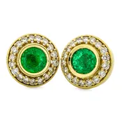 18k & 14k Yellow Gold 1.80ctw Emerald 1.00ctw Diamond Round Stud Earrings #E23-7