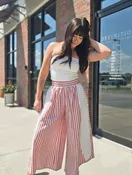 Wide Leg Striped Pants w/Side Floral Panel