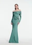 3D Metallic Embroidered Satin Jersey Draped Gown
